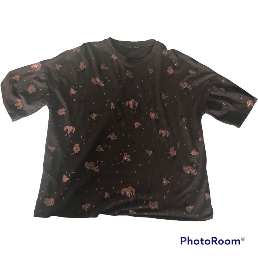 Zara brown mesh t shirt with rose gold glitter floral print